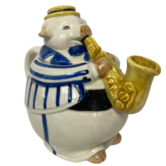 Vintage Hand Painted Teapot Musician Pig Playing Saxophone Jazz Vintage Japan - Picture 2 of 16